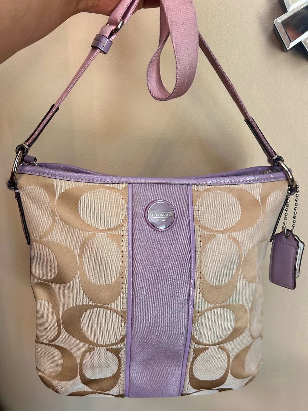Coach Khaki Signature Canvas Shoulder Bag with Lavender Trim